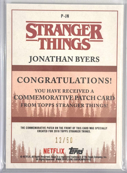 Green 12/50 2018 Topps Stranger Things Season 1 #P-JN Jonathan Byers Hawkins Patch