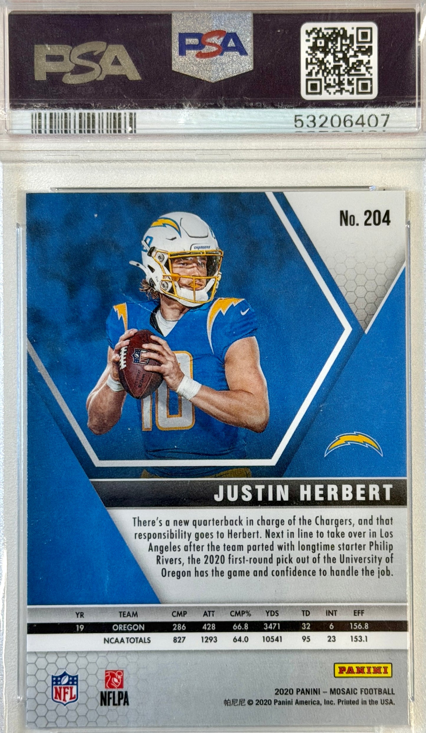 Justin Herbert Panini Mosaic PSA 9 Authenticated Rookie Card #204 2020