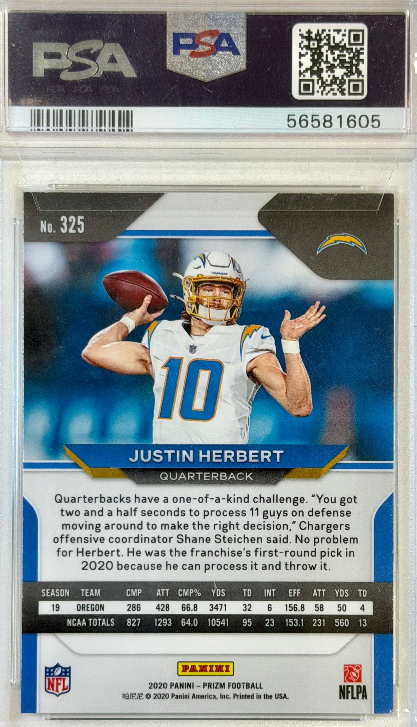 Justin Herbert Panini Prizm PSA 9 Authenticated Rookie Card #325 2020