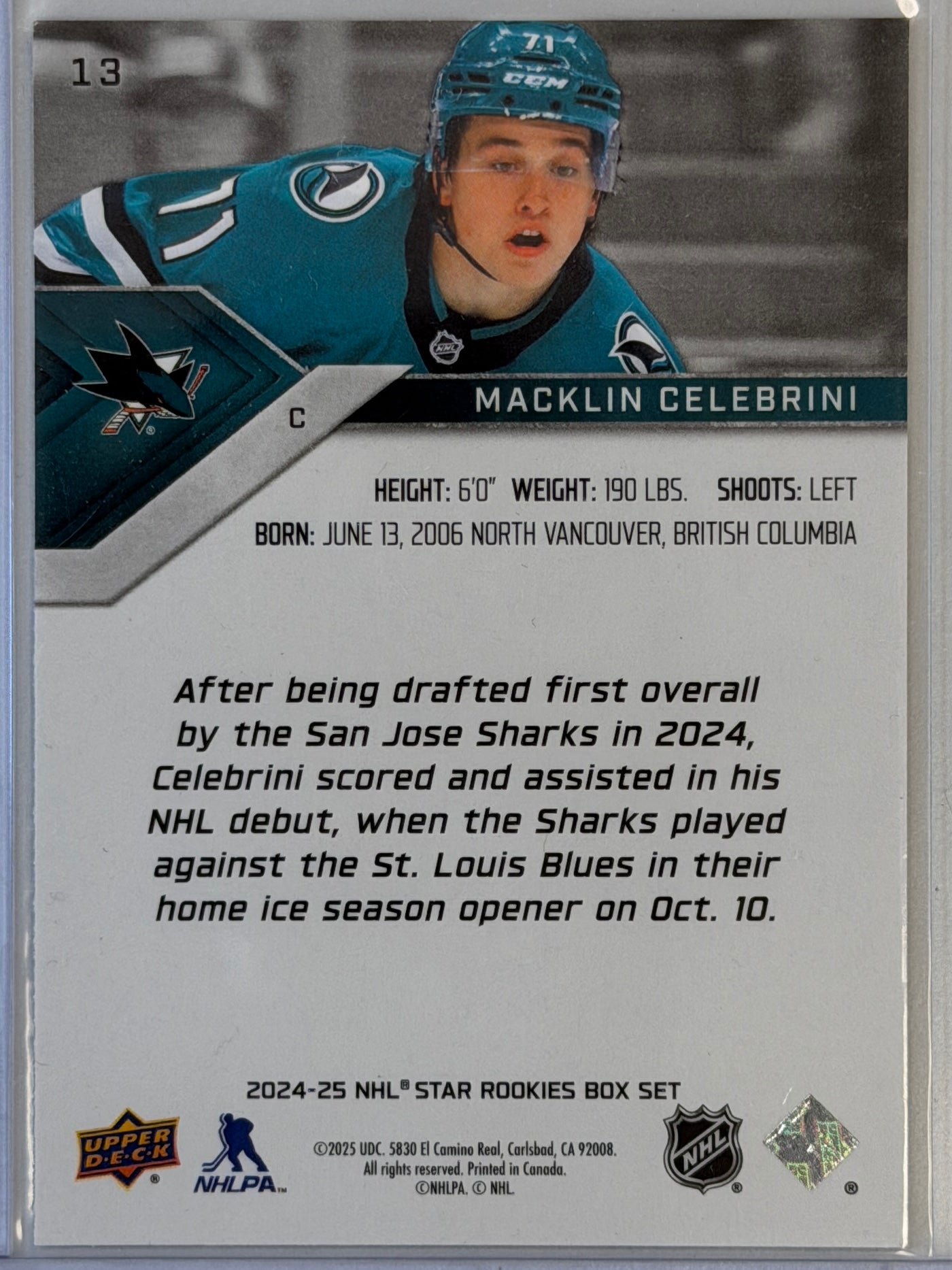 Macklin Celebrini Upper Deck NHL Star Rookies #13 2024-2025
