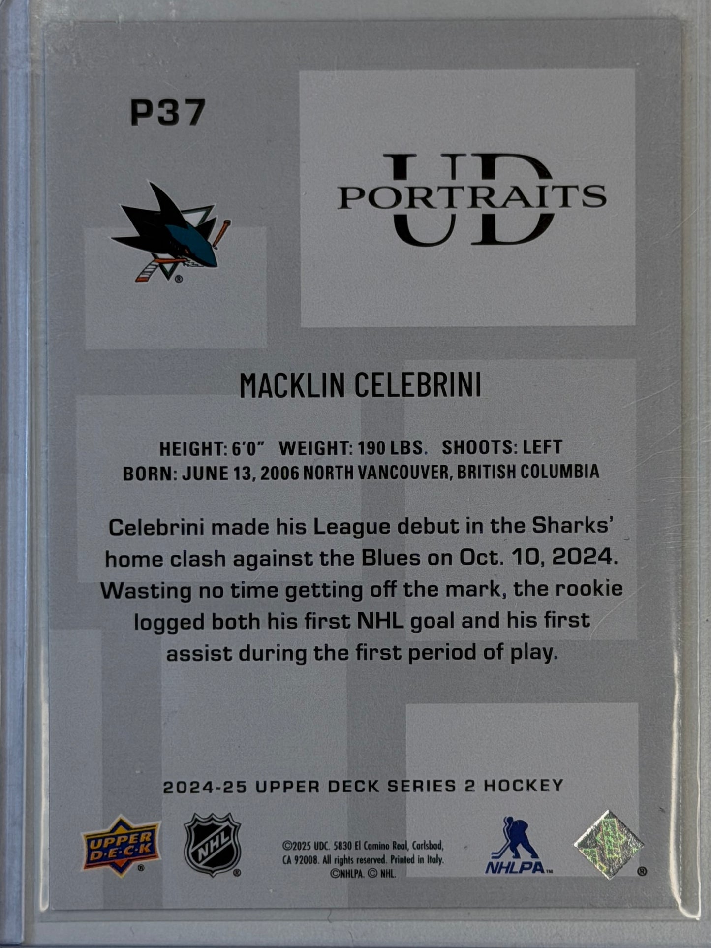 Macklin Celebrini Upper Deck P37 2024-2025