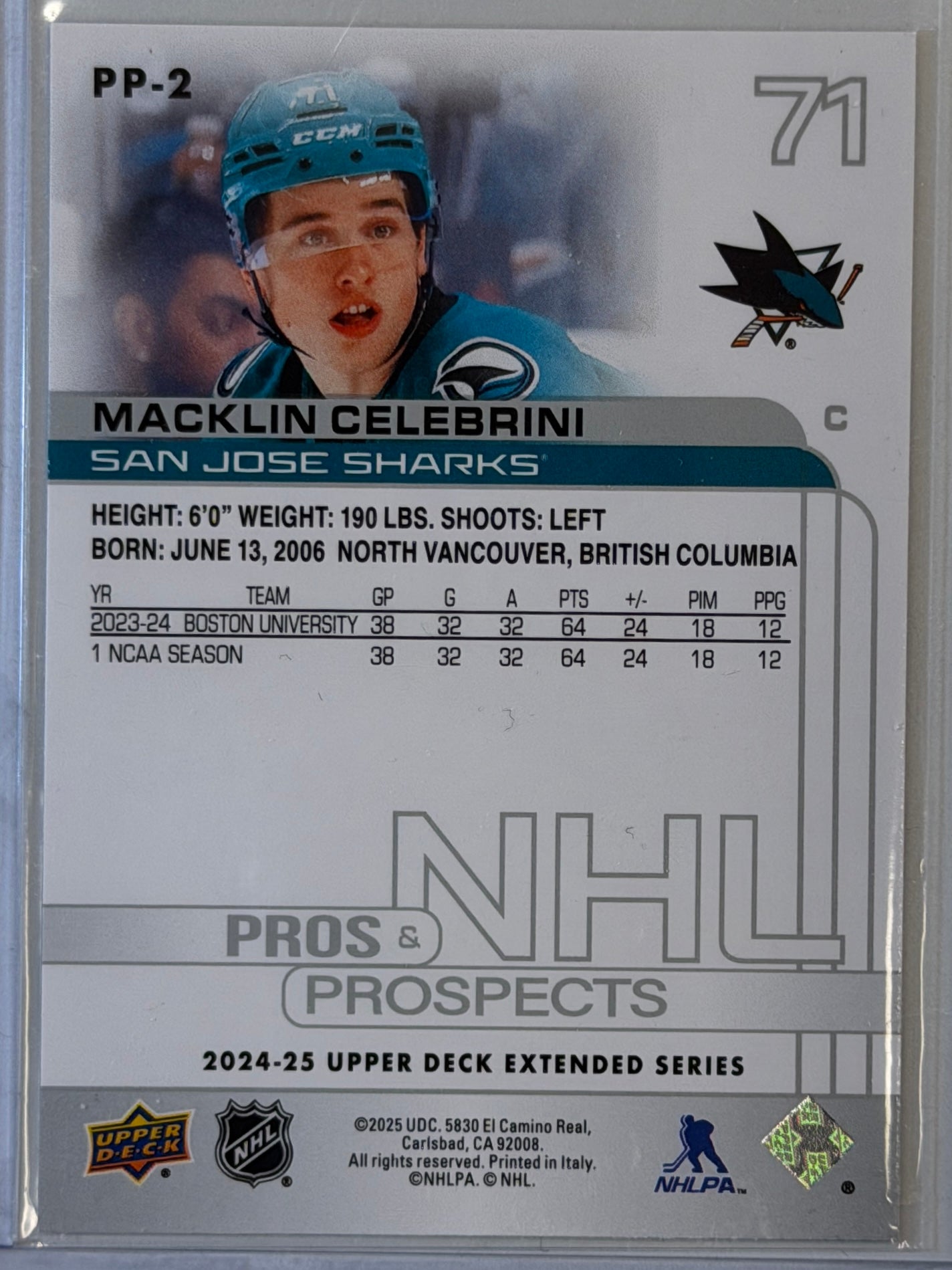 Macklin Celebrini Upper Deck PP-2 2024-2025
