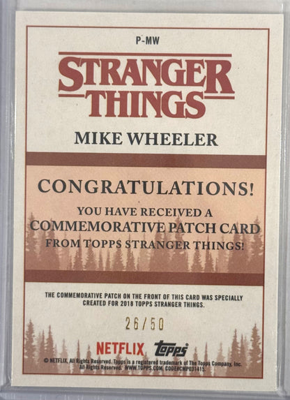 Green 26/50 2018 Topps Stranger Things Season 1 #P-MW Mike Wheeler HMS Patch
